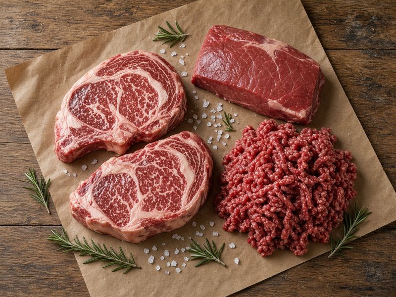Raw beef steaks and ground beef on butcher paper (illustrative image)