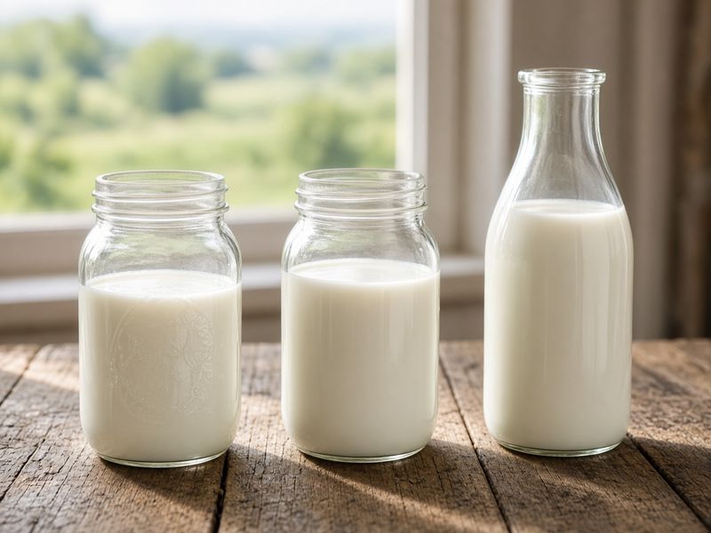 Glass jars and a bottle of goat's milk on a wooden table (illustrative image)