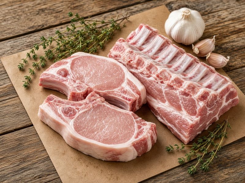Raw pork chops and a rack of pork ribs on butcher paper (illustrative image)